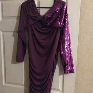 Purple ruched sequin sleeve dress